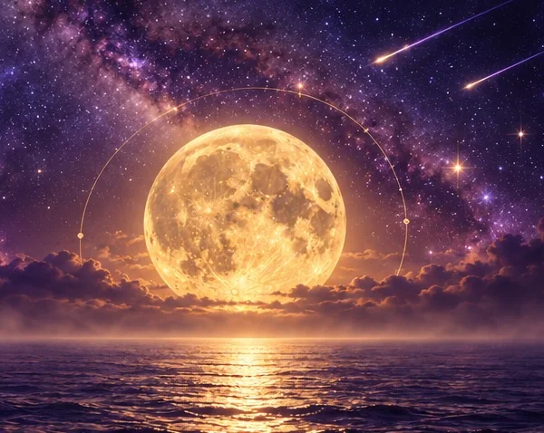 La Luna del Cazador saliendo sobre el mar bajo una Vía Láctea morada, con estrellas fugaces