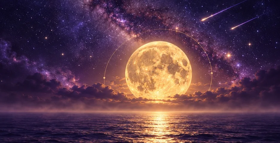 The Hunter's Moon rising over the sea under a purple Milky Way, with shooting stars