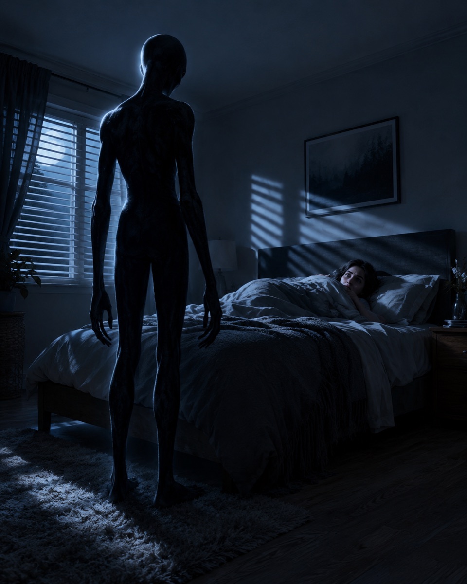A tall gray alien figure standing at the foot of a bed while a frozen woman watches, moonlight through window blinds