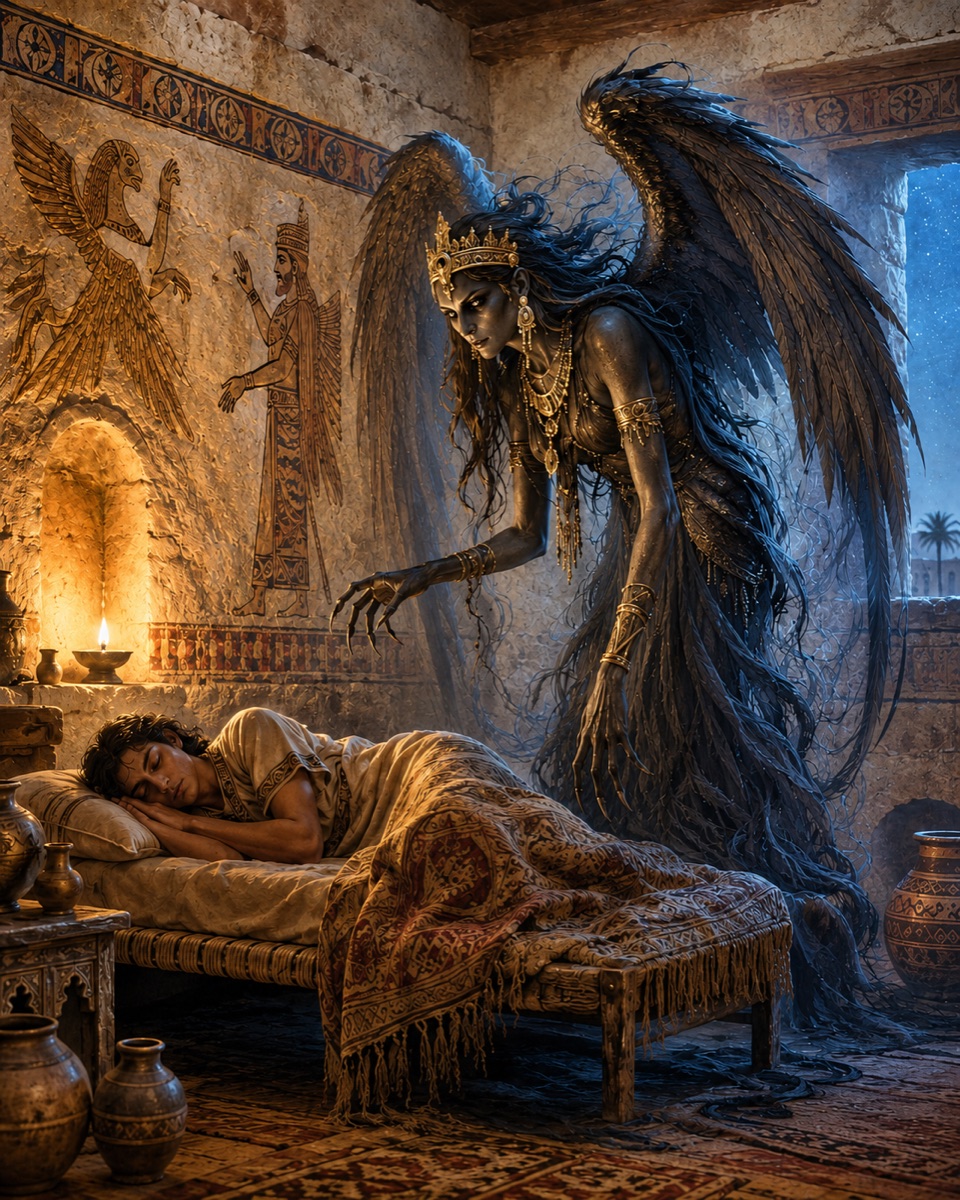A crowned winged female demon, Lilitu, leaning over a sleeping youth in an ancient Mesopotamian bedroom