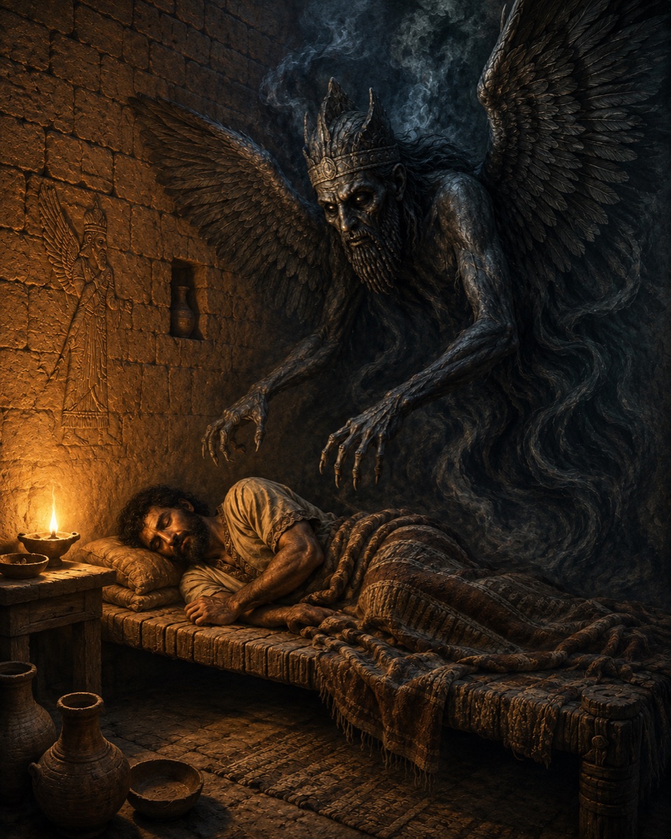 A winged Mesopotamian night-demon looming over a sleeping man in an ancient candlelit room with cuneiform carvings on the wall